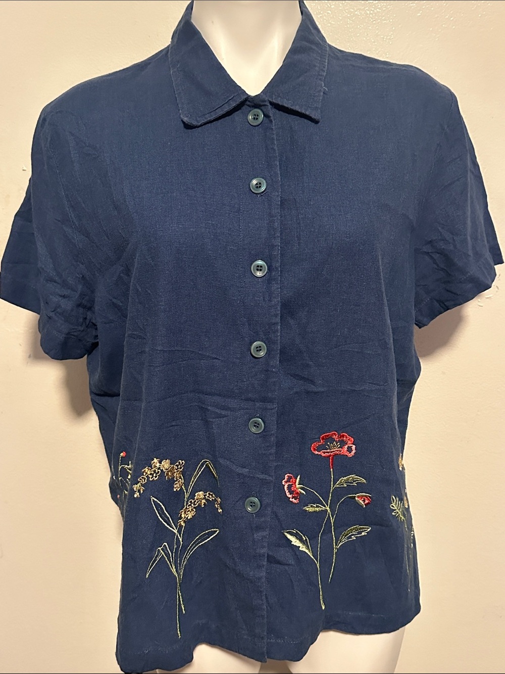 Embroidered vintage Navy Short-Sleeve Button-Down Top